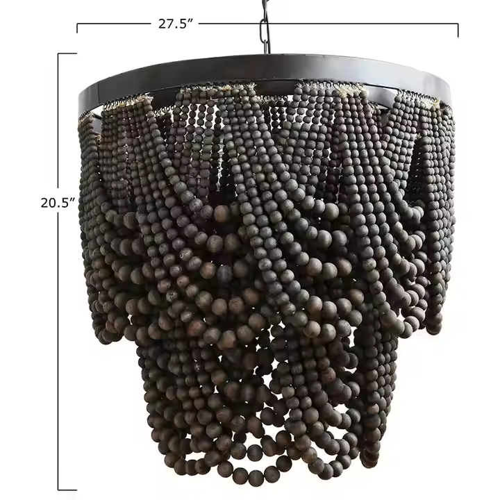 Black Metal Chandelier With Wood Beads Chandelier Ceiling Light for Living Room and Bedroom Pendant Light Hanging Lamp