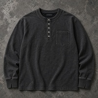 T-shirt à manches longues en coton pur gaufré pour homme, patte de boutonnage à 5 boutons, uni, superposable, décontracté