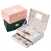 Boîte à bijoux en cuir PU avec miroir, organisateur à tiroirs multi-niveaux, étui rectangulaire doublé de velours pour boucles d'oreilles, bagues, cosmétiques