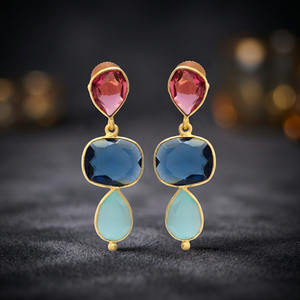 Nouveauté : Boucles d'oreilles clous goutte d'eau en acier inoxydable plaqué or mat et rhodium 14K/18K/24K avec pierres précieuses multicolores - Product Image 3