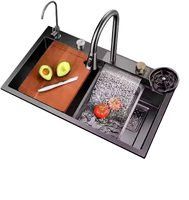 Évier de cuisine moderne en acier inoxydable à cuve unique avec robinet cascade, revêtement nano, multifonction, fait main, pour usage domestique et hôtelier