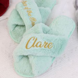 Customized <b>Fluffy</b> Cross Band <b>Slippers</b>, Soft Faux Fur Indoor House Shoes, Personalized Open Toe Fuzzy Slides for Wedding - Product Image 3