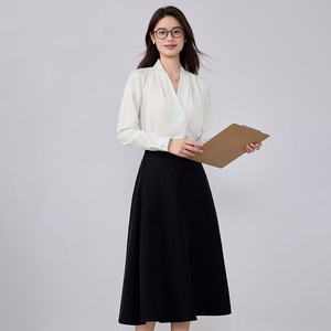Women's Suit Set Black Shirt Midi Skirt Full Sleeve Satin Office Lady Spring Anti-Wrinkle Professional Attire - Product Image 2