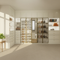 Système de dressing intégré moderne et luxueux avec portes vitrées, finition bois chaud et éclairage LED, sur mesure pour chambre à coucher