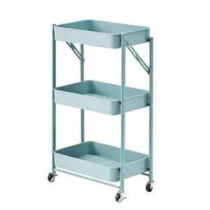 3 Tier Foldable Metal Rolling Cart Metal Trays Utility Cart stainless kitchen rack with Handle and Wheels