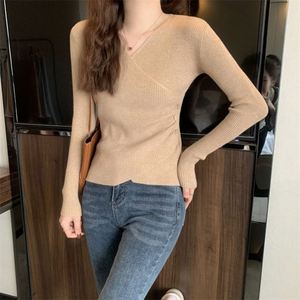 Fashion <b>Top</b> for Women Slim Thin <b>Cross</b> V-Neck <b>Tops</b> Gentle Wind Bottoming New Irregular Knit Acrylic Embroidery Sweater - Product Image 5