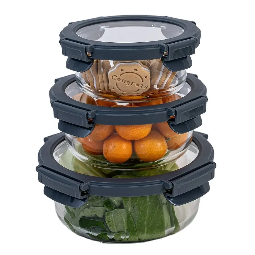 Ökologisch hochborosilikat 3-teiliges Lunch-Box-Set Mikrowellen-gesicherter Glas-Lebensmittelbehälter mit Kunststoffdeckel Salat-Aufbewahrungsbehälter