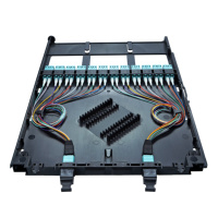 Kaset Splice MPO dengan kepadatan tinggi untuk pusat Data OM3 24F 2xMPO ke 2x12F LC/UPC Duplex 5G 4G kompatibel dengan multi mode kuncir