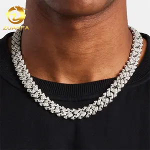 Silver Plated Brass Miami Cuban Link Iced Out Men Stylish 12MM White Mix Black Cuban Link Chain Pearl
