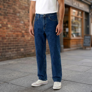 Jean en denim bleu foncé coupe droite pour homme, taille mi-haute, coupe classique, style décontracté, idéal pour le printemps, en coton de poids moyen, écologique - Product Image 3