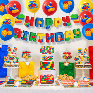 Décorations de fête d'<span class=keywords><strong>anniversaire</strong></span> sur le thème des blocs de construction, toppers de gâteau, bannières, ballons - Pack de fournitures pour fête d'<span class=keywords><strong>anniversaire</strong></span> sur le thème coloré de l'été - Product Image 4
