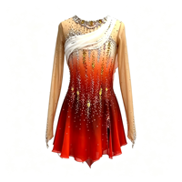 Robe de patinage artistique dégradé rouge-orange, maille nude, manches longues, strass, dos en V profond, costume de danse sur glace pour femmes et filles