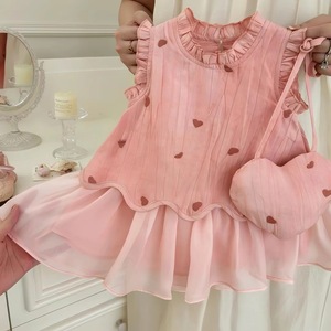 Girls Sleeveless Vest Dress Pink Heart Print Breathable <b>Princess</b> Style Summer Outfit With <b>Bag</b> Included - Product Image 2