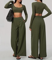 Nouvel ensemble de vêtements de sport de mode pour l'extérieur, manches longues en forme de V et pantalon évasé avec poches, 2 pièces, vêtements de sport à séchage rapide