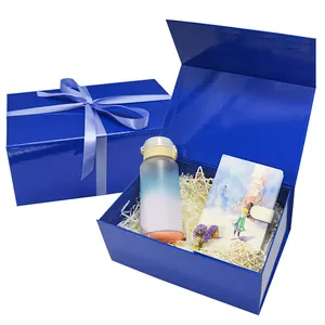 Boîte-cadeau commerciale de grande capacité, emballage cadeau de parfum, boîte en papier bleue avec ruban à nœud