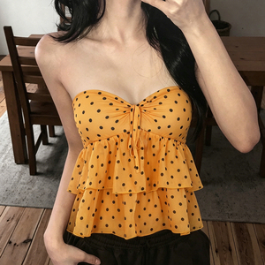 Top sin tirantes sexy amarillo con lunares para mujer, top de tubo con volantes escalonados y lazo dulce, novedad de verano 2026 - Product Image 1
