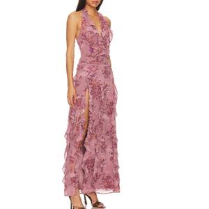 Robe asymétrique élégante et irrégulière à épaules dénudées pour femme, style moulant, longue, col halter, avec volants et imprimé, design Y2K tendance - Product Image 2