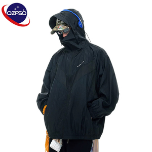 QZFSO Custom Streetwear Lightweight Mesh Zip up Windbreaker Breathable Quick-dry Polyester Sun Protection <b>Jacket</b> With Hood - Product Image 5