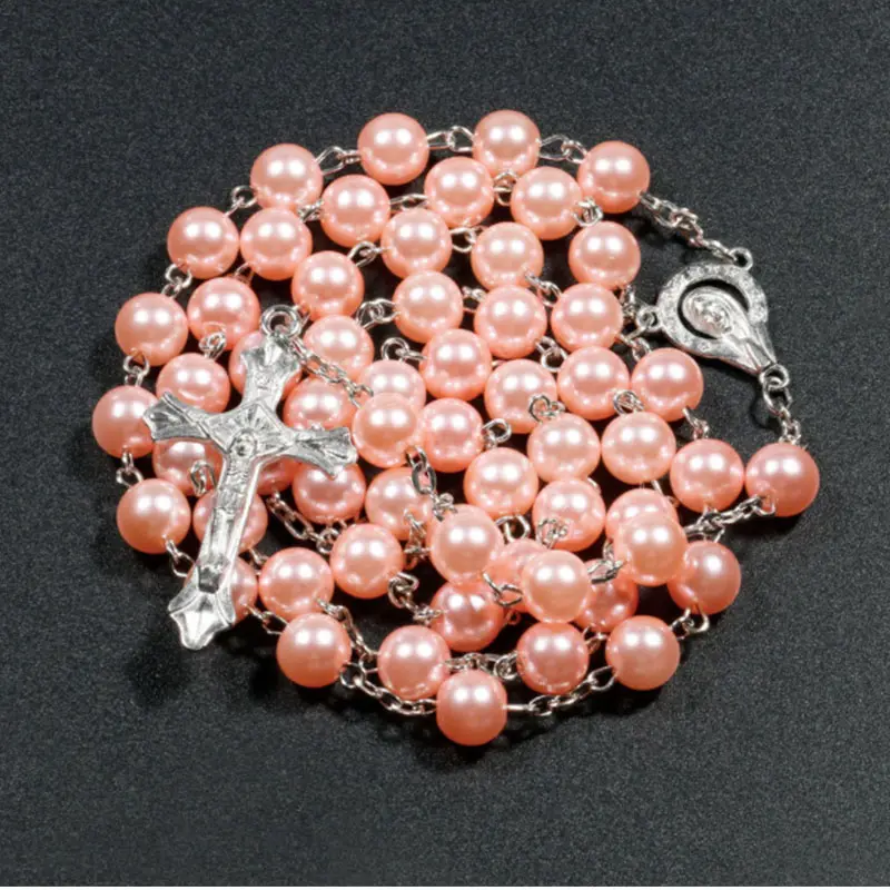 8mm Glass Imitation Pearl Bead Holy Catholic Rosaries Necklace With Silver Cross Lourdes Center Rosary
