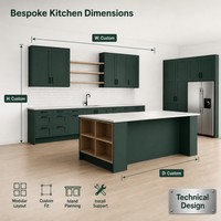Meuble de cuisine modulaire vert foncé en acier inoxydable style Shaker, îlot moderne avec comptoir en marbre, évier, robinet et étagères ouvertes – Mobilier B2B
