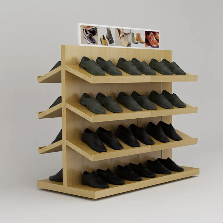 Étagère de présentation de chaussures avec cadre en fer, présentoir de chaussures avec couche en bois, pour centre commercial