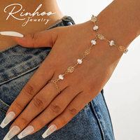 RINHOO Gelang Tangan Baja Kristal Mutiara Zirkon Mode Musim Panas Perhiasan Cincin Gelang Berlapis Emas 18K untuk Wanita Hadiah