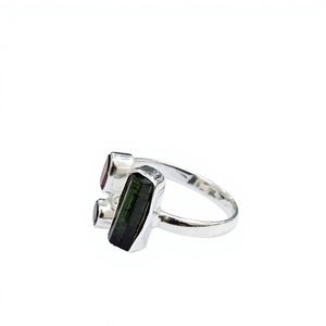 Handmade Garnet Ring Sterling Silver Minimalist Design Elegant Green Tourmaline Unique <b>Raw</b> Crystal Jewelry - Product Image 4