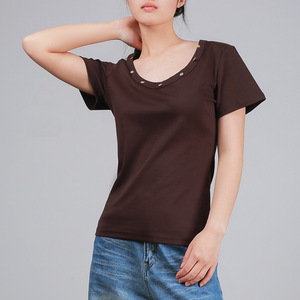 SUHE TS-026 Women's U-<b>neck</b> Short Sleeve T-shirt Mocha Cotton Knitted Breathable Slim Fit Top - Product Image 1