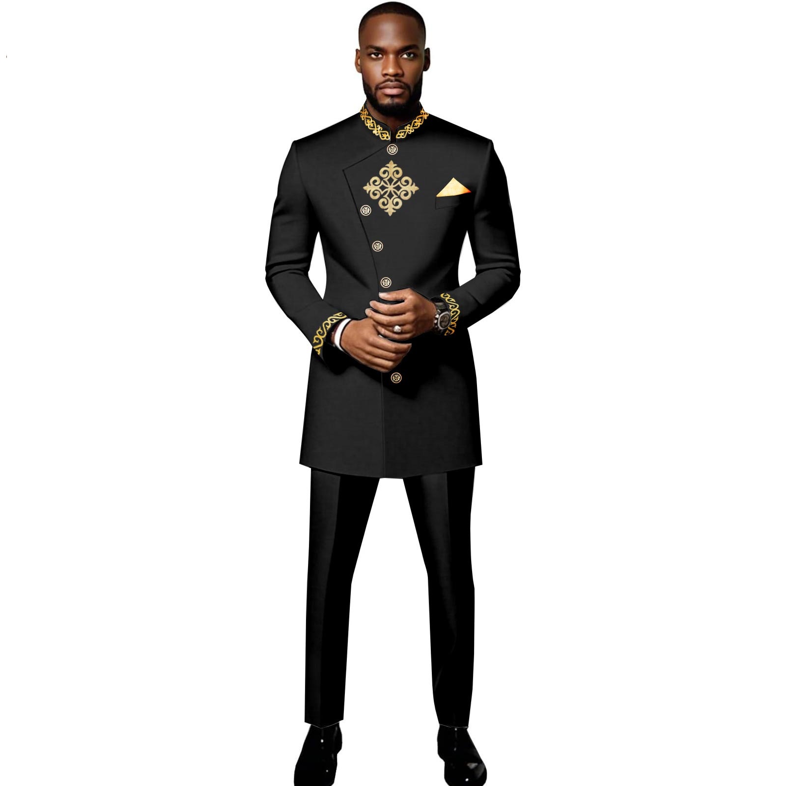 black and gold mens dress outfit Men's Black And Gold Jacquard Tuxedo Suit Luxury Slim Fit Formal Wedding, Prom 2026, Gala Outfit Usa Outlet 34 Short or Extra Small main image 1