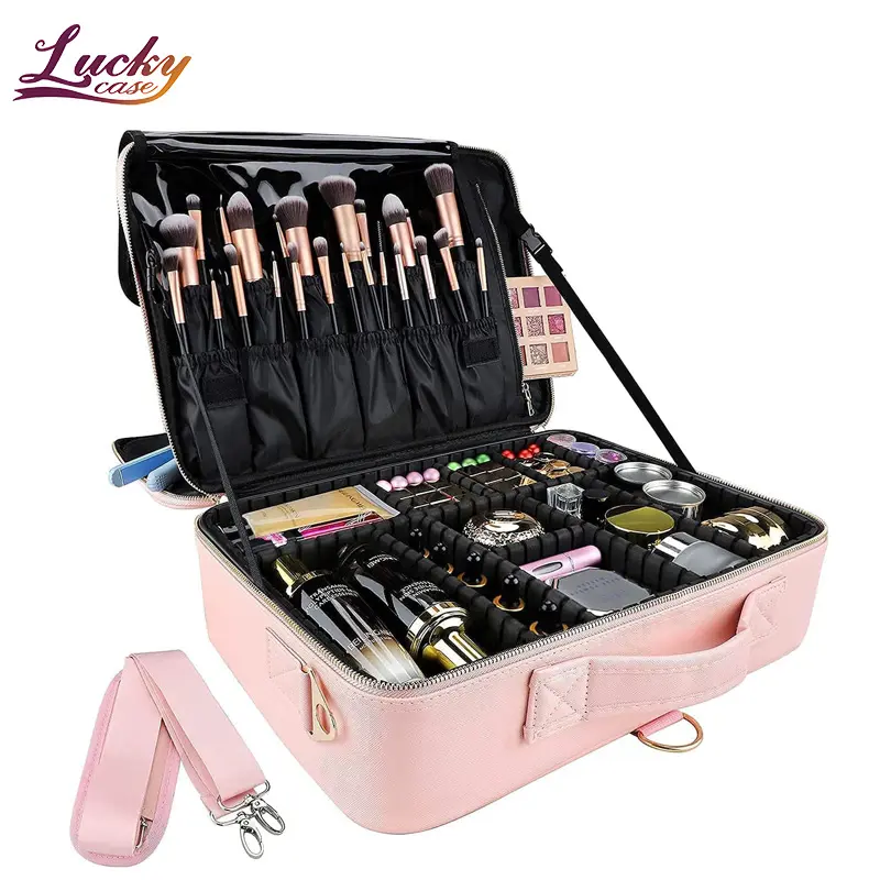 Bolsa de maquillaje profesional de cuero PU, estuche de maquillaje de viaje de 16 pulgadas, conjunto de estuche grande de tren de cosméticos, caja organizadora de cosméticos rosa