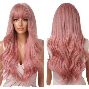 LIWANGLONG HAIR Nuova Collezione Parrucche Sintetiche 26 Pollici Lunghe Ondulate Effetto Naturale Liscio Setoso con Frangia <span class=keywords><strong>Rosa</strong></span> Chiaro - Product Image 2