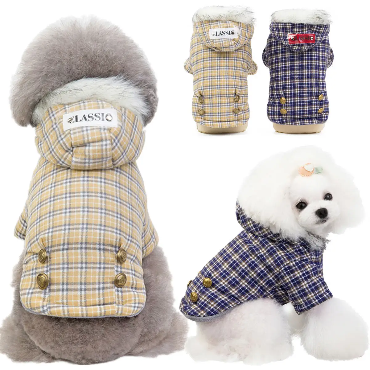 Vêtements pour chiens Plaid Cotton Keep Warm Hooded Dog Jacket Coat Winter & Fall Customized Letter Classic Style Pet Clothes