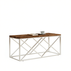 Tavolino da Caffè Moderno Industriale con Piano in Legno e Struttura in Metallo Finitura Argento Arredamento per Soggiorno - Product Image 1