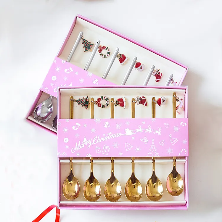 Custom Christmas Gift Cute Souvenir Mixing Stainless Steel Tea Coffee Gold Spoon Set