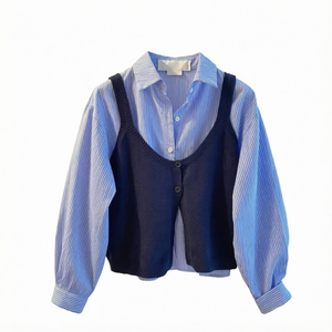 Camisa de Manga Larga a Rayas Azules para Mujer con Chaleco de Punto Azul Marino, Blusa Casual Holgada con Mangas Abullonadas para Todas las Temporadas - Product Image 1