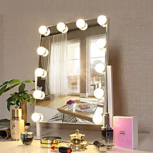360-Degree LED HD Mirror Fill Light Beauty Mirror 12 Light Hollywood Makeup Table Desktop Style with Front Light Bulb Silver