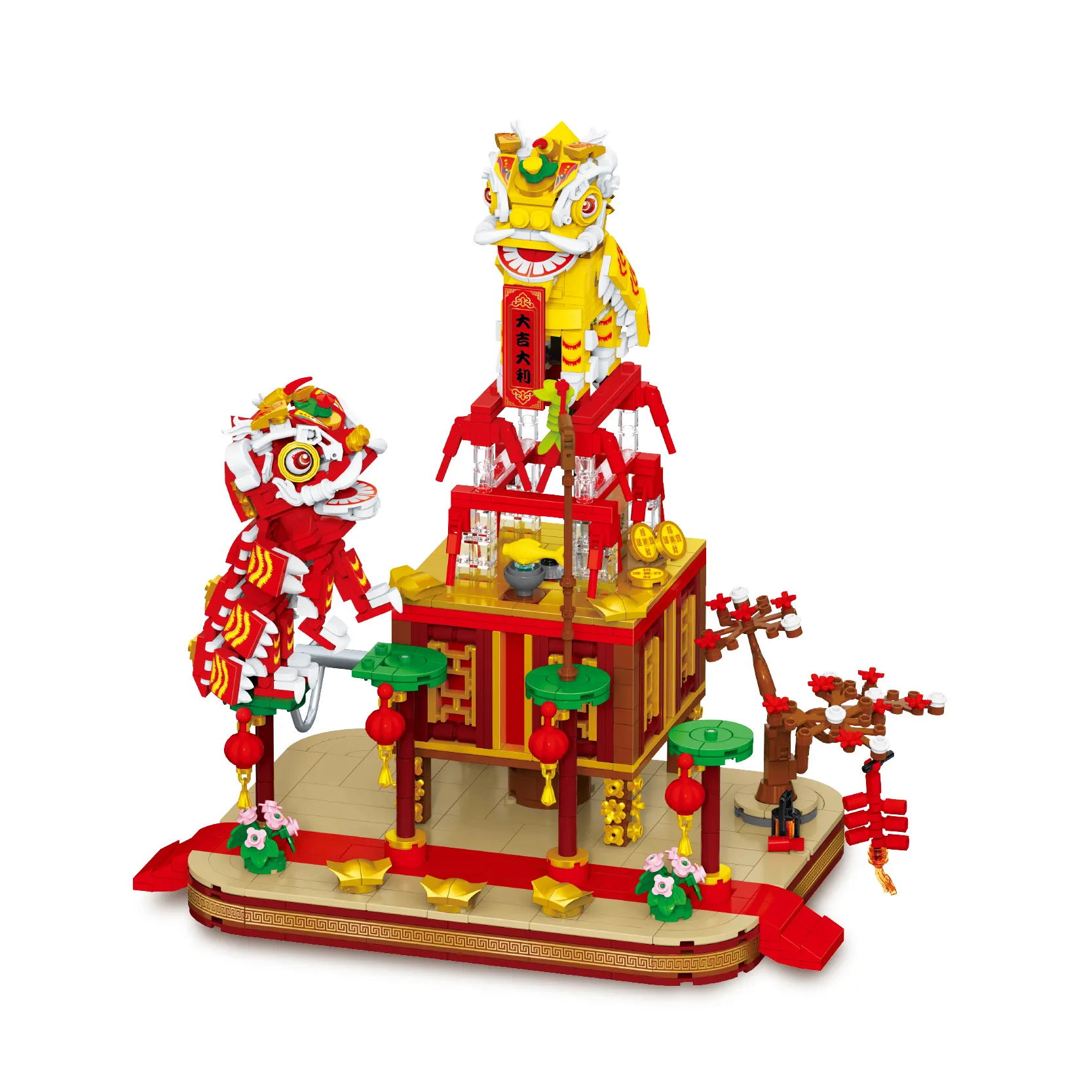 Chinese Spring Festival Series Plastic Music Box de Lion Dancing Building Block Toy para Crianças Puzzle Building Block Toy Set