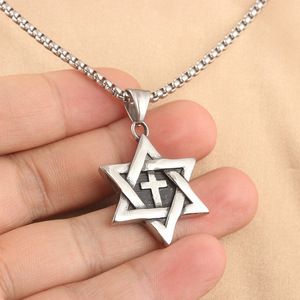 Pendentif étoile à six branches en acier inoxydable avec design croix, collier unisexe, bijoux géométriques tendance 231036 - Product Image 3
