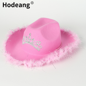 Chapeau de cowgirl occidental rose avec bordure en plumes moelleuses, couronne de princesse, chapeau de cowgirl pour femme - Product Image 1