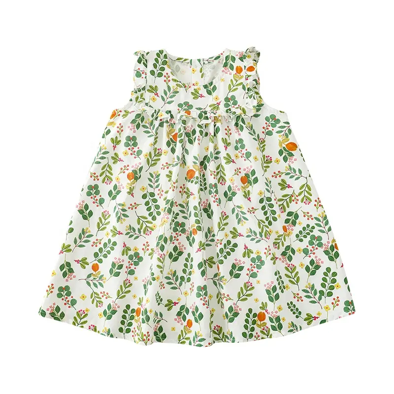 Pure Cotton Leaves Digital Print Patchwork Sweet Summer Baby Girls Dresses High Quality Wholesale Kids Girls Dress Clothing