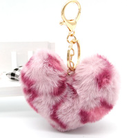 Porte-clés à pompon en forme de cœur imprimé léopard 9cm, grand pompon en fourrure mignon pour femmes, porte-clés pendentif charme