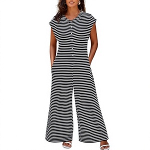 Combinaison décontractée tricotée en polyester pour femme, à rayures, sans manches, coupe large, taille haute, col rond, boutonnée sur le devant, printemps-été - Product Image 3