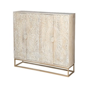 Hand-Carved Wooden <b>Sideboard</b> Cabinet with Floral Sunburst Design | Antique White <b>Storage</b> Console with Metal Base | Living Room - Product Image 4