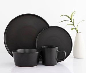 Service en céramique et porcelaine noire écologique pour restaurant, kit d'assiettes à dîner en grès de Crokery, service de vaisselle moderne - Product Image 1