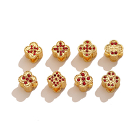 Perles intercalaires en acier inoxydable 304 plaqué or, motif fleur à quatre feuilles, incrustation de zircon rouge vintage, perles en vrac pour la fabrication de bijoux DIY, vente en gros