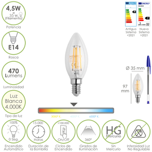 Bombilla LED de Filamento Tipo Vela E14 4.5 vatios. Equivalente a 35 vatios. 470 lúmenes. Luz Neutra 4000K. - Product Image 1