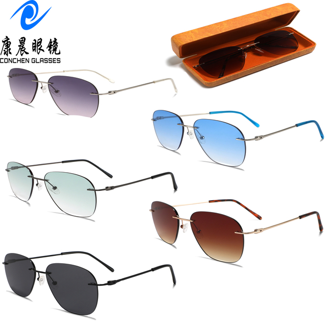 Luxury Brand Conchen Factory Wholesale Fashion Men Sun Glasses Metal Rimless Glasses Women Polarized Sunglasses