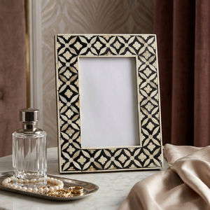 Premium Modern Handcrafted Wooden <b>Photo</b> <b>Frame</b> Bone Inlay Rustic Design Customized Shape Tabletop <b>Black</b> White Geometric Pattern - Product Image 1