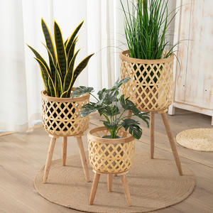 Certified Nordic Style Bamboo Woven Flower Pot with Wooden Legs Indoor <b>Plant</b> <b>Basket</b> for Home Decor Shandong Origin - Product Image 1
