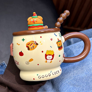 Mug en céramique mignon en forme de hamburger avec couvercle et cuillère pour filles, idéal pour le thé ou le lait en dortoir - Product Image 2